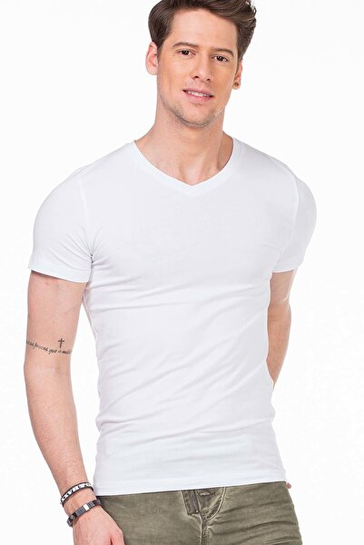 Cipo&Baxx CU106 V Yaka Basic Dar Kalıp Beyaz Erkek Tişört Atlet