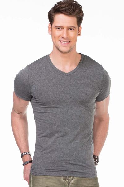 Cipo&Baxx CU106 V Yaka Basic Slim Fit Gri Erkek Tişört Atlet