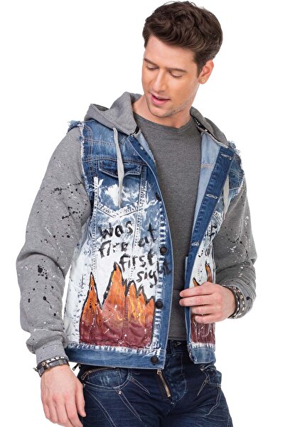 Cipo&Baxx CJ209 Boyamalı Alev Baskılı Erkek Mavi Denim Ceket