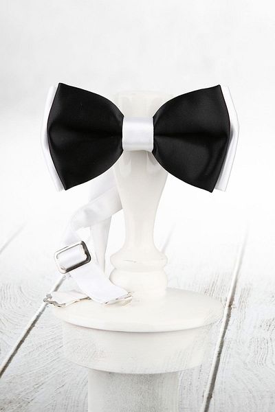 Kravatkolik Men's Black - White Color Satin Bow Tie SP50