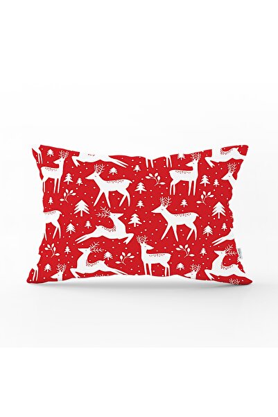 Realhomes Kırmızı Zeminde Beyaz Yılbaşı Geyikleri Tasarımlı Dikdörtgen Yastık...