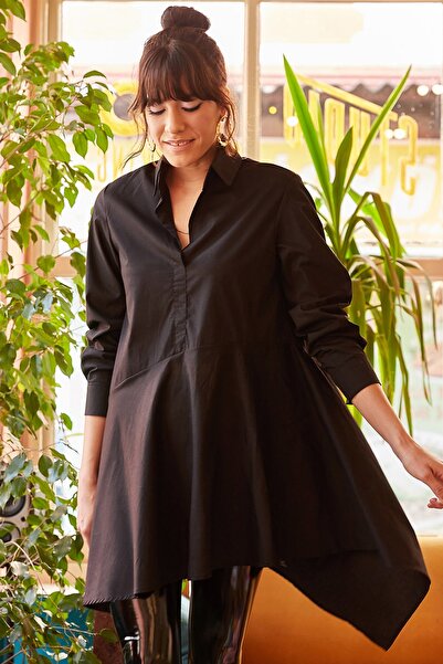 Olalook Women's Black Shirt Collar Asymmetrical Tunic TNK-19000034
