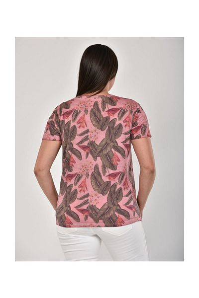 Seamoda Leaf And Flower Printed Oil Wash T-shirt Light Pink