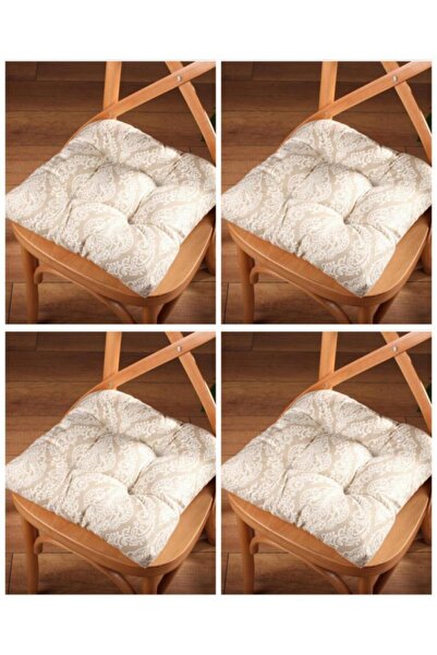 ALTINPAMUK 4'lü Gold Pofidik Damaks Bej Sandalye Minderi Özel Dikişli Bağcıklı 40x40cm