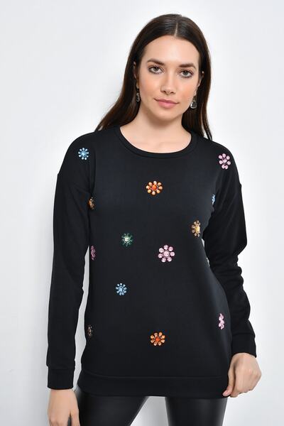 Hanna's by Hanna Darsa Kadın Siyah Boncuk Işlemeli Sweatshırt