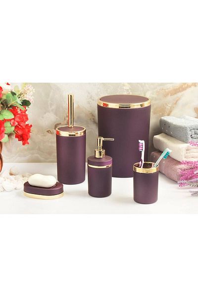 İmera Acrylic Made Gold Line Soft Bath Set 5-Piece Round Bathroom Set Purple