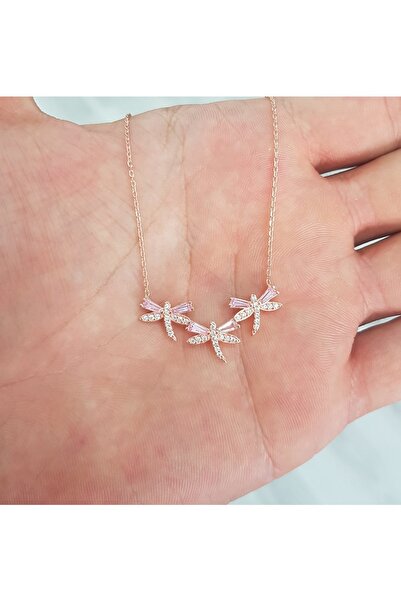 MySilvers Pembe Baget Taşlı Yusufcuk Gümüş Kolye Kadın Rose Zirkon
