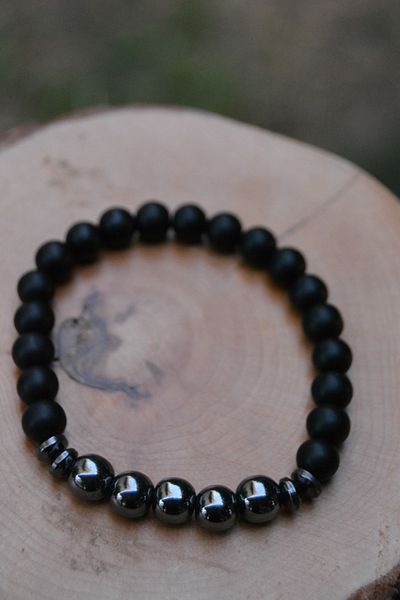 Stoneage Hematite Natural Stone And Glass Unisex Bracelet