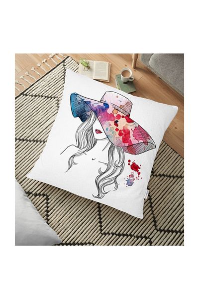 Realhomes Digital Printed Decorative Floor Cushion with Colorful Hat Design - 70 x 70 cm