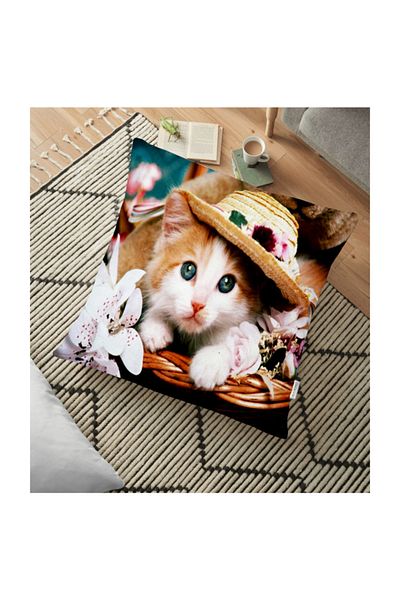 Realhomes Cat with Hat Digital Printed Decorative Floor Cushion - 70 X 70 Cm