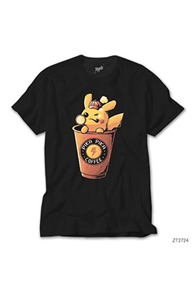 Z zepplin Tricou negru cu detectivul Pikachu și cafea