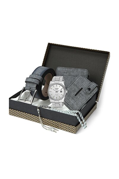 Forentina Erkek Gri Kemer Cüzdan Kartvizit Tespih Saat Hediye Seti Erkek Doğu...