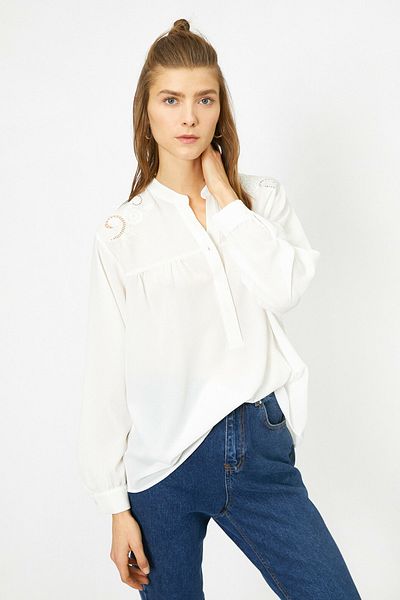 Koton Women's Long Sleeve Embroidered Blouse