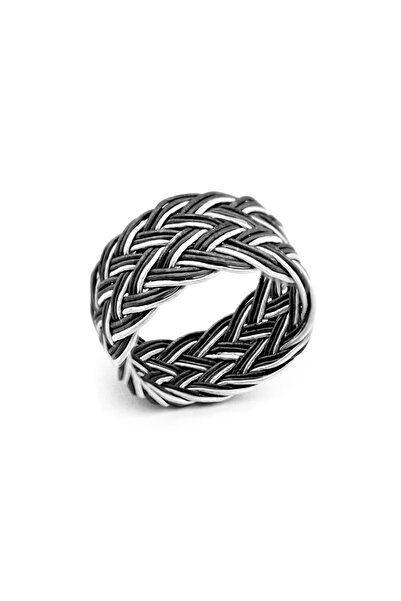 Tesbihane Siyah-Beyaz Renkli 1000 Ayar Gümüş Trabzon El Örmesi Kazaz Yüzük 102000419