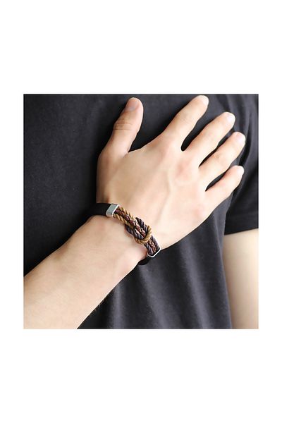 Tesbihane Knot Design Brown Leather-Steel Combination Men's Bracelet104000522