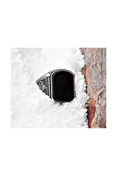 Tesbihane Tuğra İşlemeli Kare Oniks Taşlı 925 Ayar Gümüş Erkek Yüzük 65020096