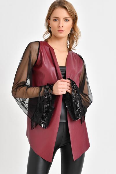 Quincey Tulle Sleeve Leather Jacket Claret Red CKM4006