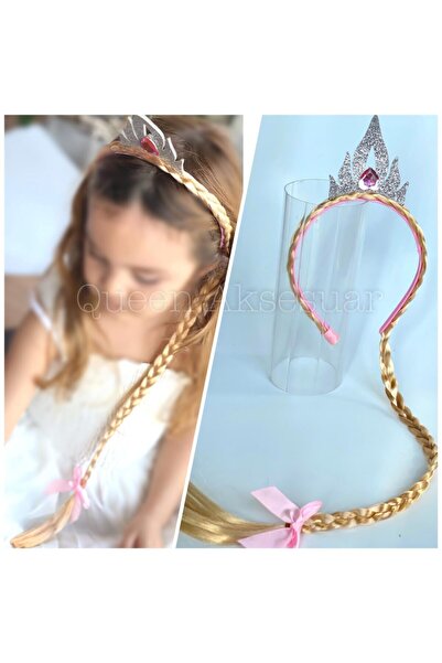 QUEEN AKSESUAR Pembe Elsa Anna Sarı Örgü Postiş Saç Çocuk Tacı Kar Kraliçe Pr...