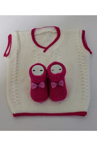 SİNAY TRİKO Baby Girl Fuchsia White Acrylic Sweater with Booties