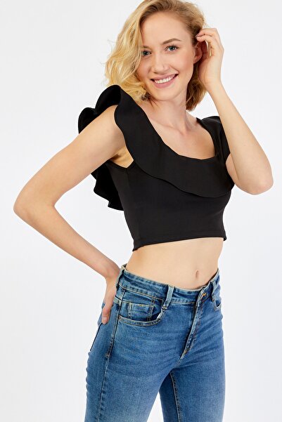 LAMODEMAPASS Yakası Volanlı Siyah Crop Top