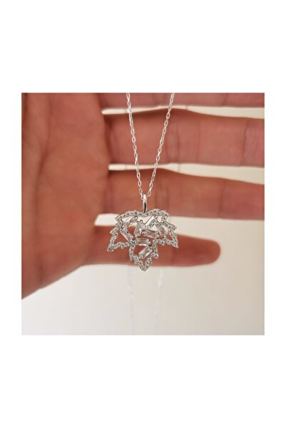 MySilvers Baget Taşlı Çınar Yaprağı Kolye Kadın Rodyum