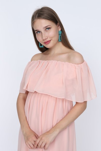 MODA LABİO Kadın Pudra Şifon Düşük Omuz Elbise