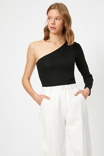 Koton Tricou negru cu un singur umăr pentru femei