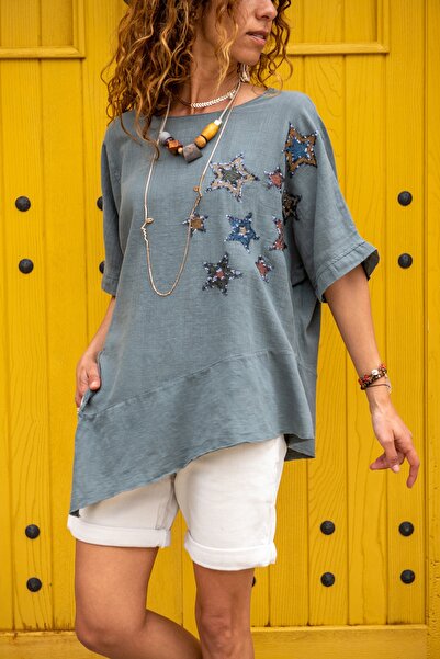 Güneşkızı Gray Star Sequin Asymmetrical Linen Blouse - Loose and Fashionable ...