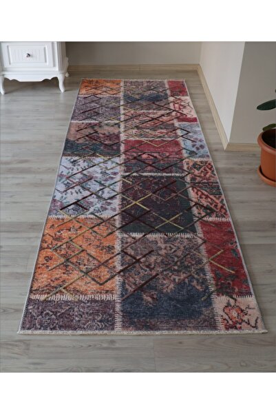 Just Arte Patchwork Salon Halısı Makinada Yıkanabilir Kaymaz Taban Mutfak Halısı Dekoratif Yolluk 80x300