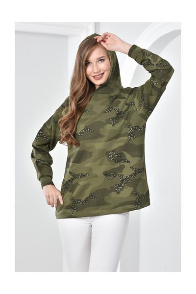 Seamoda Camouflage Pattern Glitter Printed Sweat-khaki