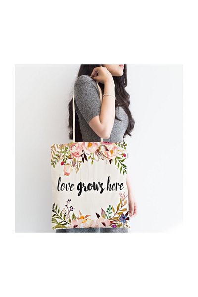 Realhomes Love Grows Here Written Digital Printed Zipper Fabric Bag Canta-2281