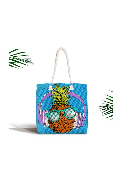 Realhomes Geantă din stofă cu fermoar cu design tropical ananas și fundal albastru Canta-3272