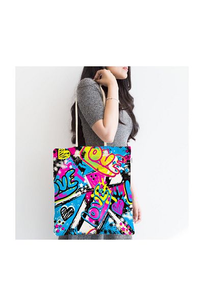 Realhomes Popart Love Motif Ψηφιακή τυπωμένη υφασμάτινη τσάντα με φερμουάρ Canta-3541