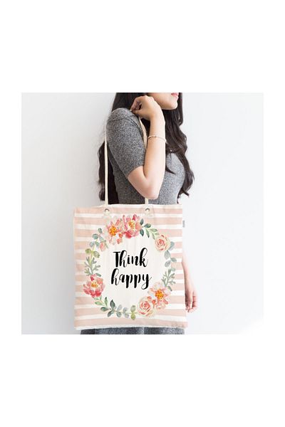 Realhomes Flower Motif Think Happy Printed Zippered Fabric Bag Bag-2086