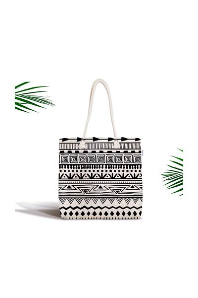 Realhomes Geanta din stofa moderna cu fermoar cu motiv african decorativ alb-negru Canta-3395