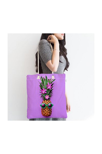 Realhomes Geantă modernă din material cu fermoar cu model de ananas pe fundal violet Canta-3206
