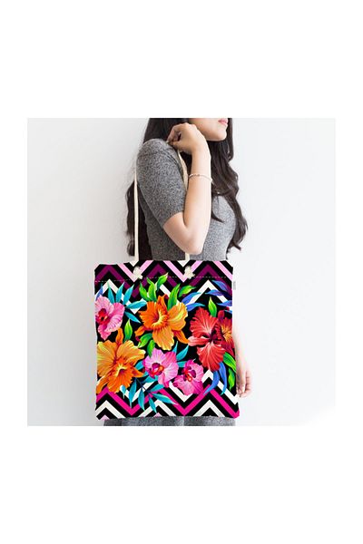 Realhomes Geantă modernă din material textil cu fermoar cu design special în zig-zag și flori Canta-3367