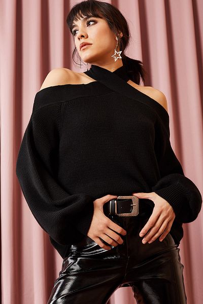 Olalook Schwarzer Strickpullover mit Kreuzkragen für Damen KZK-19000192