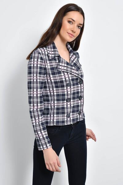 Hanna's by Hanna Darsa Kadın Lacivert Ekose Desen Önden Düğmeli Ceket