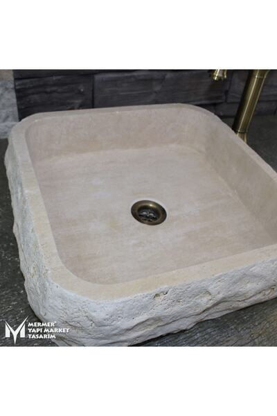 MYM Mermer Yapı Market Tasarım Traverten Doğal Patlatma Kare Lavabo