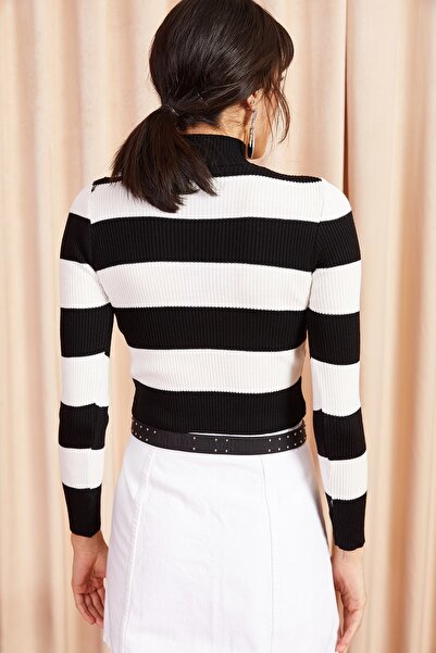 Olalook Pulover de damă, negru, cu dungi, cu talie, tricotaj, KZK-19000189