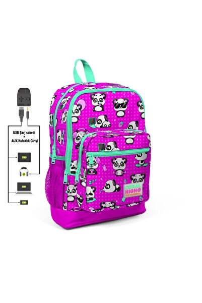 Coral High Kids Desenli Dört Bölmeli Usb Şarjlı Kulaklık Çıkışlı Okul Sırt Ça...