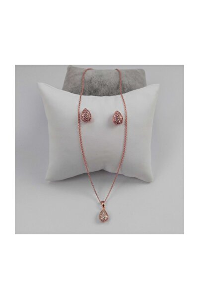 MODAMUGO Zirkon Taşlı Ince Zincir Abiye Takı Seti - Rose