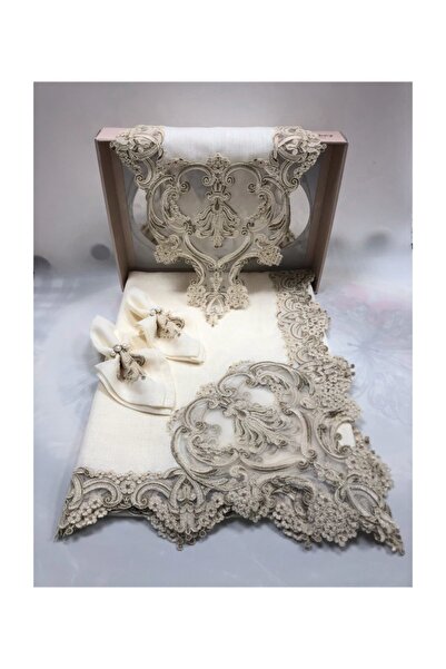 safir home collection Olivia Linen Simli Keten Kumaş Masa Örtüsü Takımı 12 Ki...