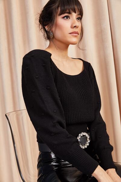 Olalook Pulover de damă, negru, cu mânecă în spate, tricot cu pompon KZK-19000212