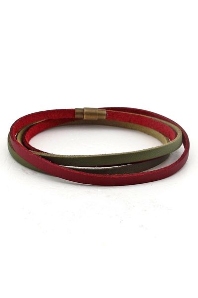 Solfera Khaki Green Claret Red Double Row Original Leather Wrap Men's Bracelet BT641