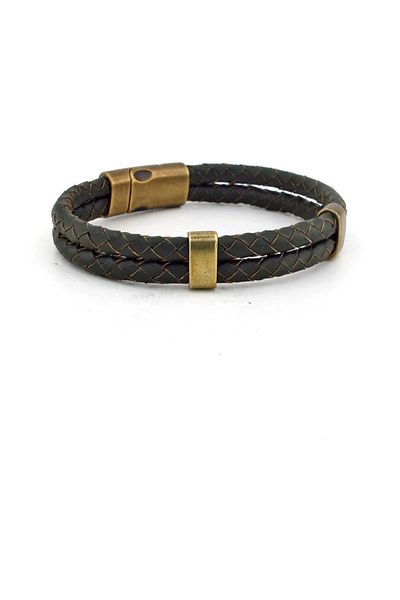 Solfera Khaki Green Colored Double Row Magnet Leather Men's Bracelet BT612