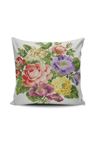 Alkan Homes Digital Printed Canvas Embroidered Rose Pattern Throw Pillow Cover