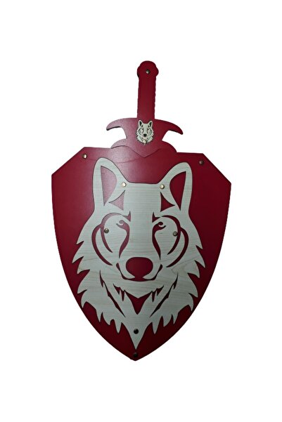 Ahtek Wooden Toy Set of 2, Wolf Headed Sword and Shield, Red