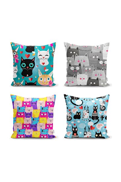 Realhomes Sevimli Kediler 4'lü Yastık Kırlent Kılıf Seti